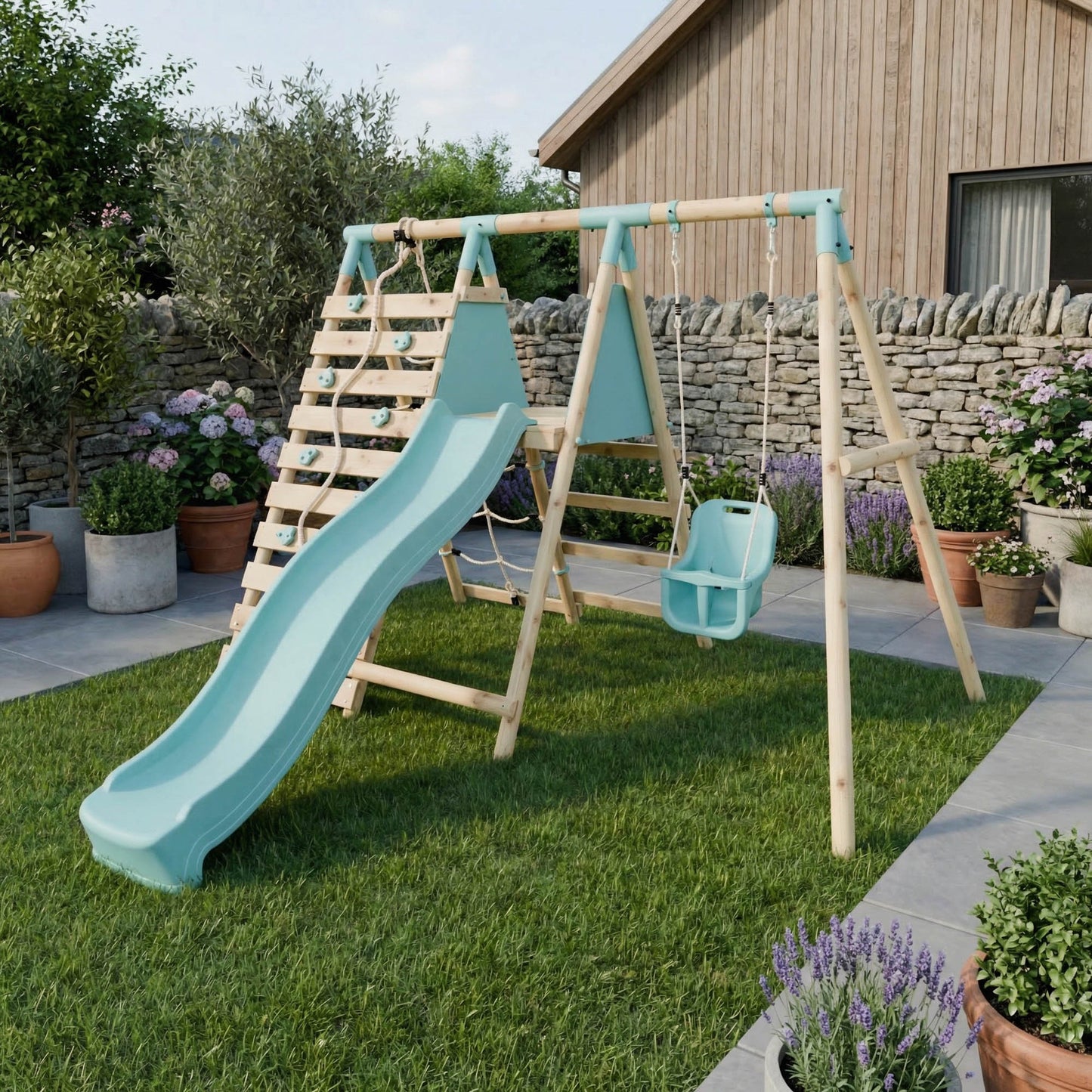 Single Wooden Baby Swing Set with Climbing Wall and Slide - Badger Brook II