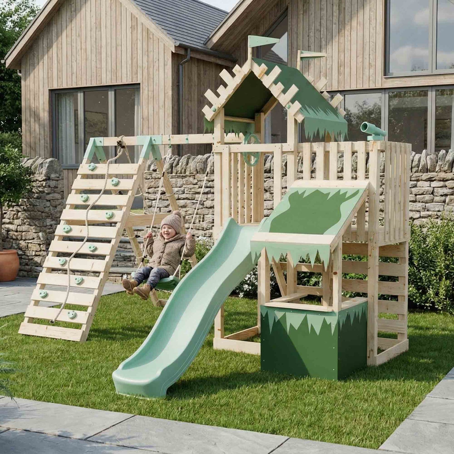 Extended Climbing Frame With Single Swing & Climbing Wall With Shop - Enchanted Grove VII