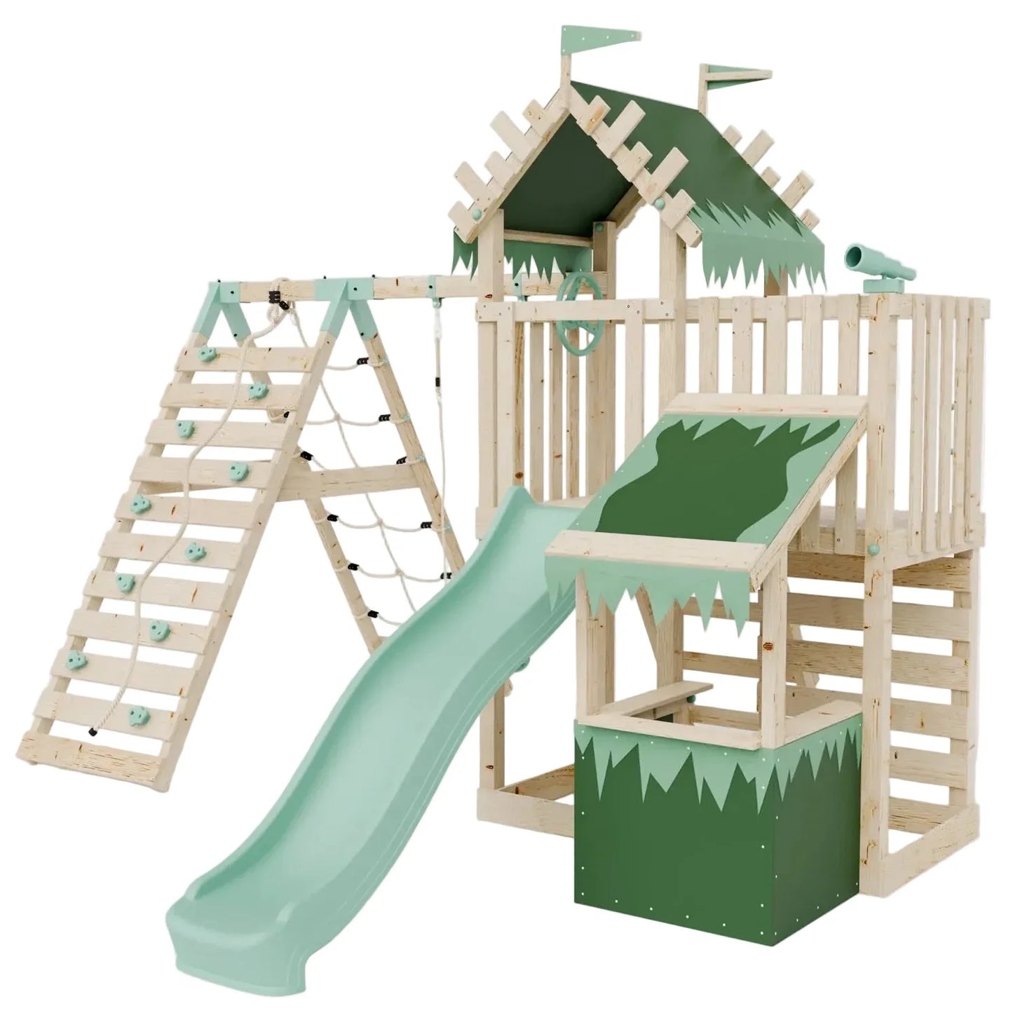Extended Climbing Frame With Single Swing & Climbing Wall With Shop - Enchanted Grove VII