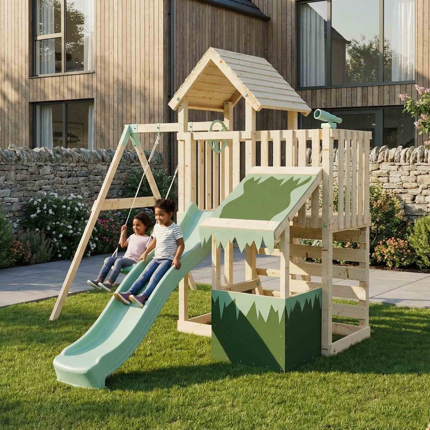Extended Climbing Frame With Single Swing & Shop - Bramblewick Forest VI