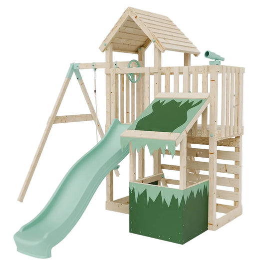 Extended Climbing Frame With Single Swing & Shop - Bramblewick Forest VI