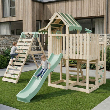 Extended Climbing Frame With Step Up, Single Swing & Climbing Wall - Enchanted Grove VIII