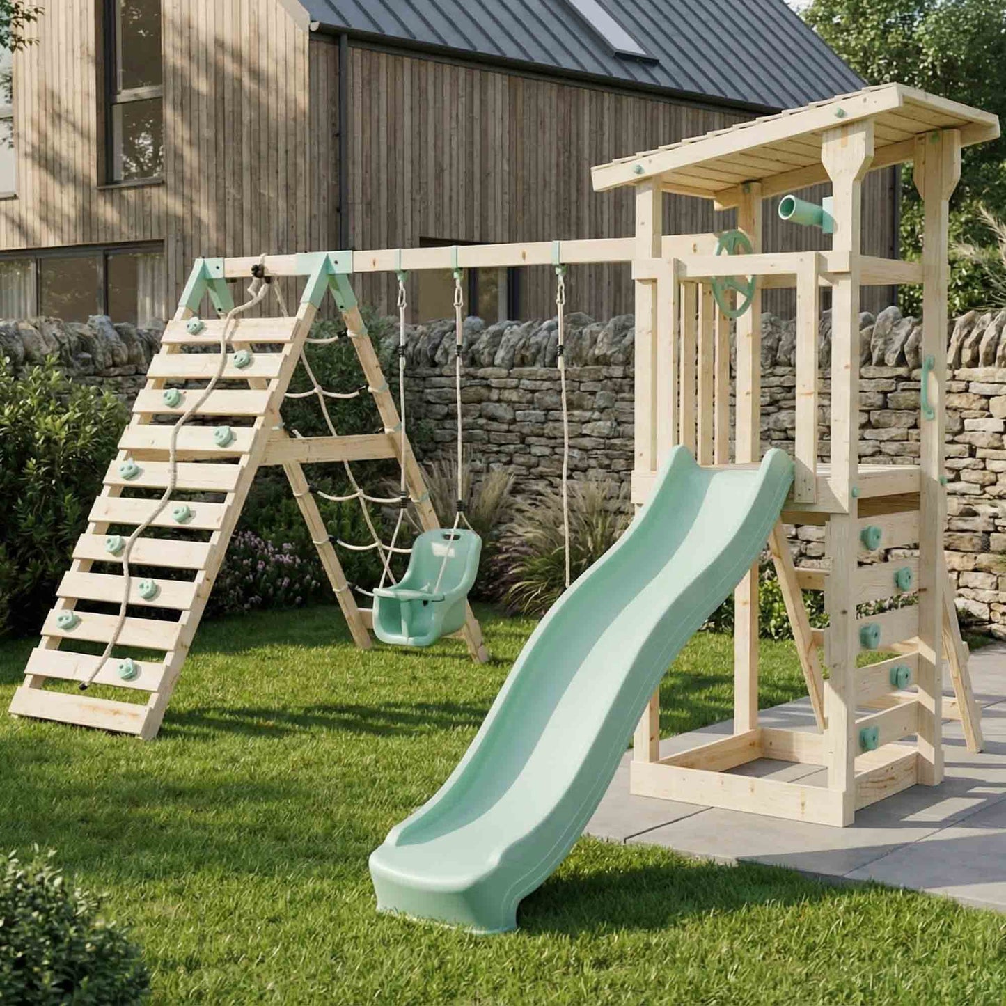 Climbing Frame With Double Swing & Climbing Wall - Willow Way IX