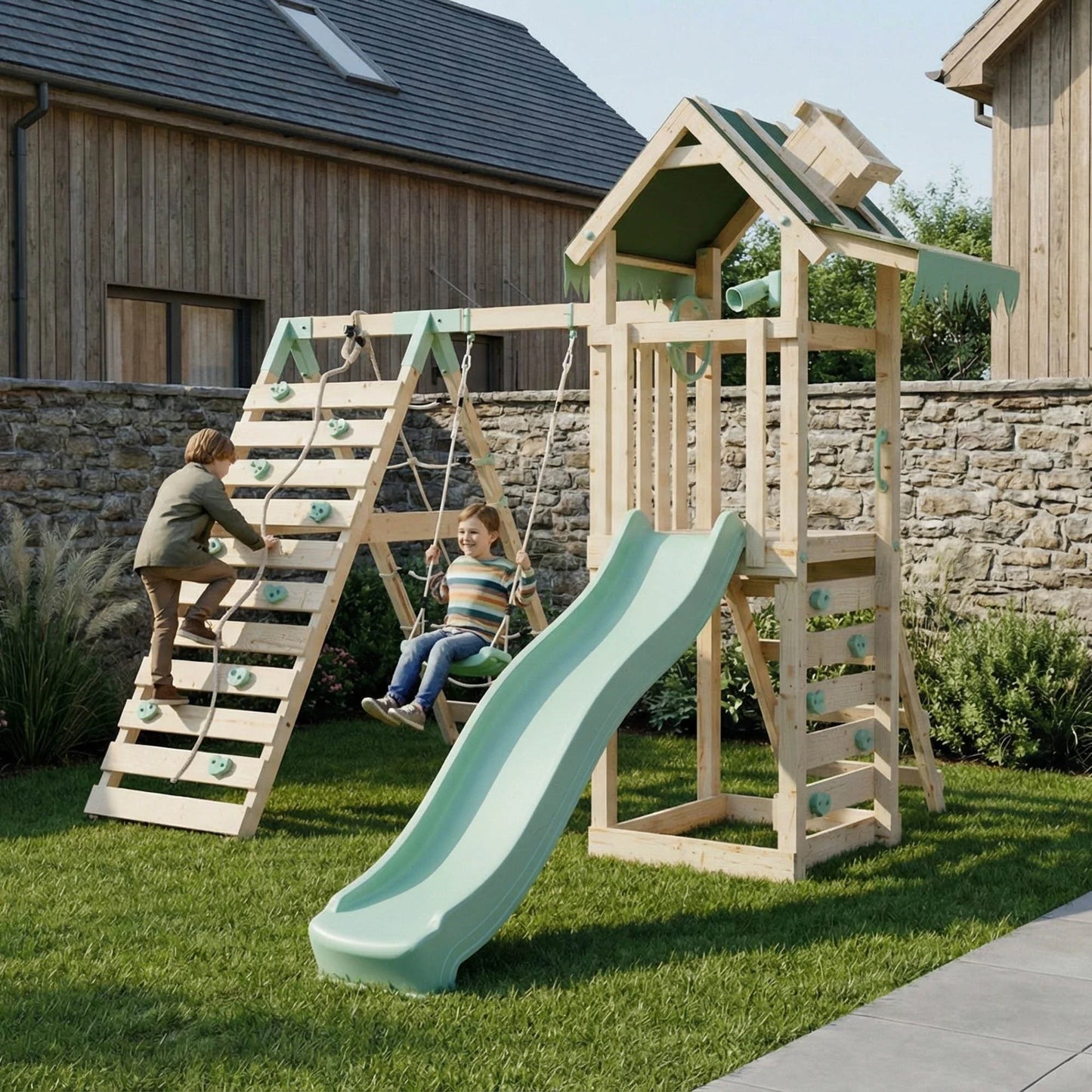 Climbing Frame With Single Swing & Climbing Wall - Eldertree Forest IV