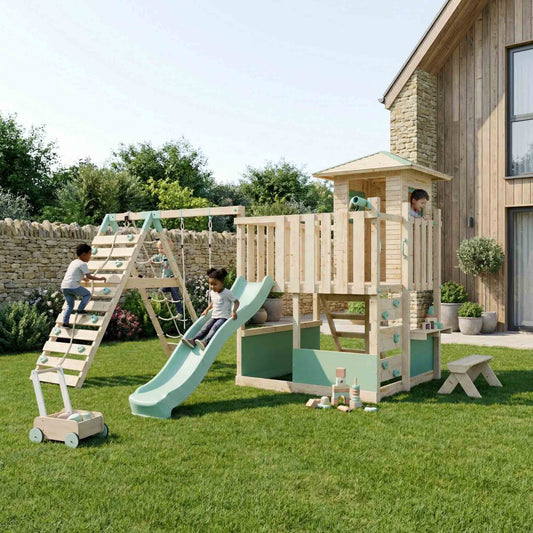 LittleSummit Small Tower Playhouse with Swing & Climbing Wall