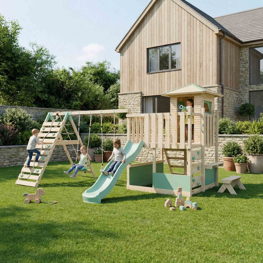 LittleSummit Small Tower Playhouse with Double Swing & Climbing Wall