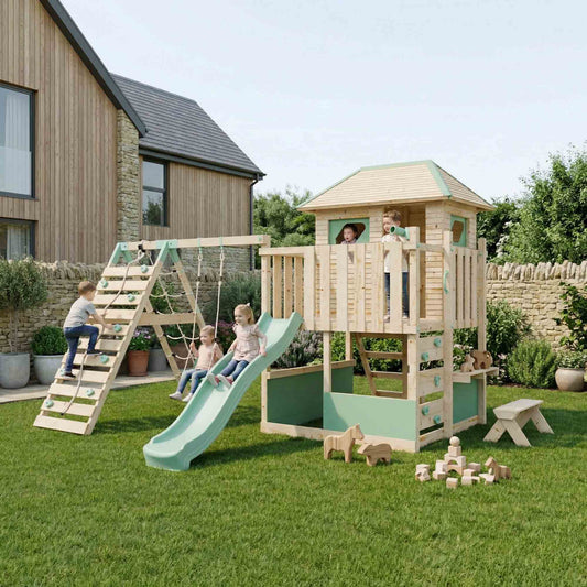 LittleSummit Large Tower Playhouse with Swing & Climbing Wall