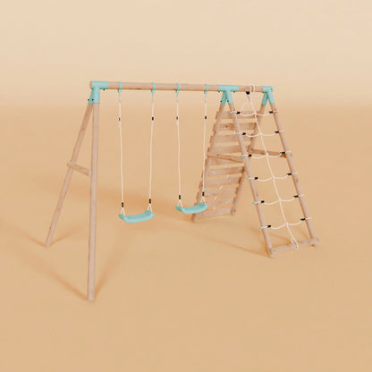 Double Wooden Swing Set With Climbing Wall - Boulder Brook I