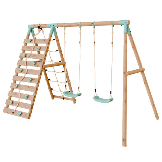 Double Wooden Swing Set With Climbing Wall - Boulder Brook I