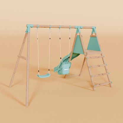Double Wooden Swing Set with Baby Swing and Slide - Mossy Hollow II