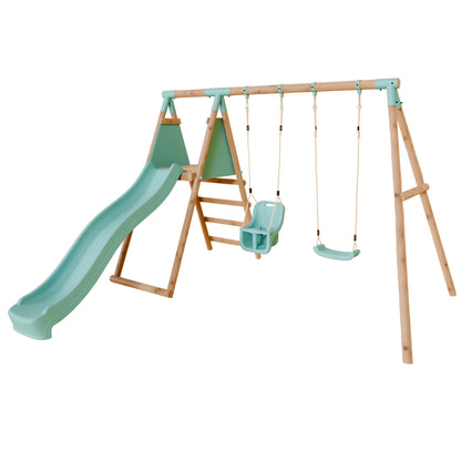 Double Wooden Swing Set with Baby Swing and Slide - Mossy Hollow II