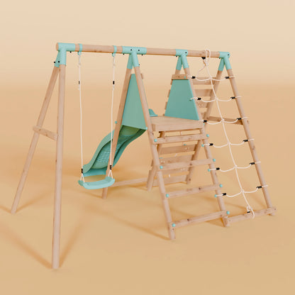 Single Wooden Swing Set with Climbing Wall and Slide - Badger Brook I