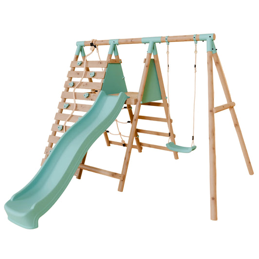Single Wooden Swing Set with Climbing Wall and Slide - Badger Brook I