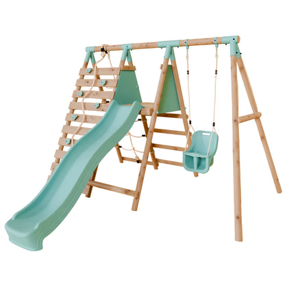 Single Wooden Baby Swing Set with Climbing Wall and Slide - Badger Brook II