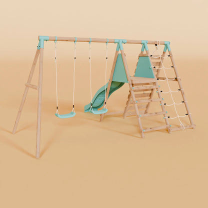 Double Wooden Swing Set with Climbing Wall and Slide - Stagwood I