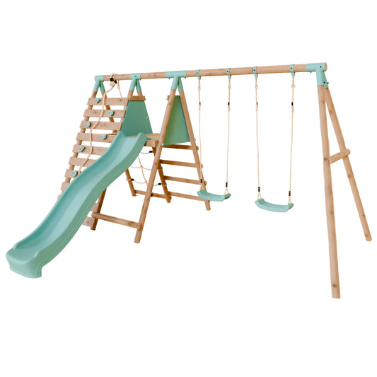 Double Wooden Swing Set with Climbing Wall and Slide - Stagwood I
