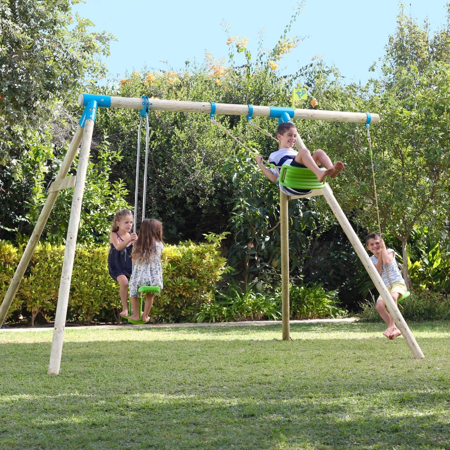 TP Knightswood Triple Wooden Swing Set With Glide Ride And Button Seat