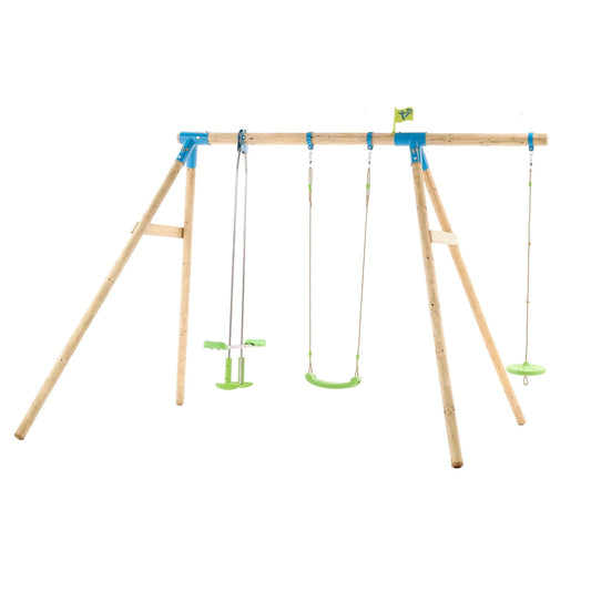 TP Knightswood Triple Wooden Swing Set With Glide Ride And Button Seat