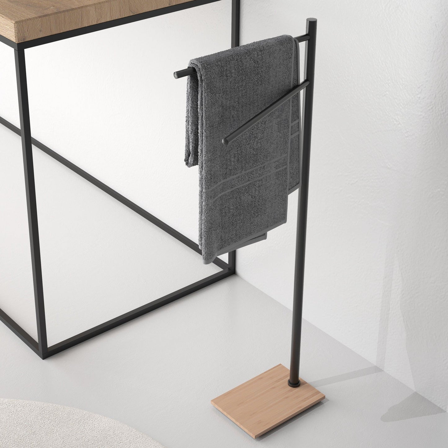 Origins Living Gedy Trilly Towel Stand With 2 Swivel Arms Matt Black & Bamboo - Hot Tub Shop