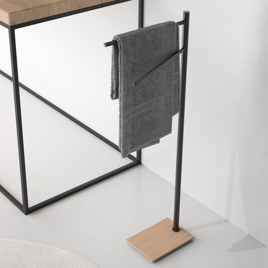Origins Living Gedy Trilly Towel Stand With 2 Swivel Arms Matt Black & Bamboo - Hot Tub Shop
