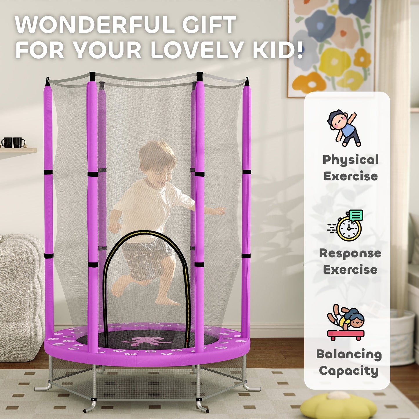 AIYAPLAY 4.6FT Kids Trampoline with Safety Enclosure Net