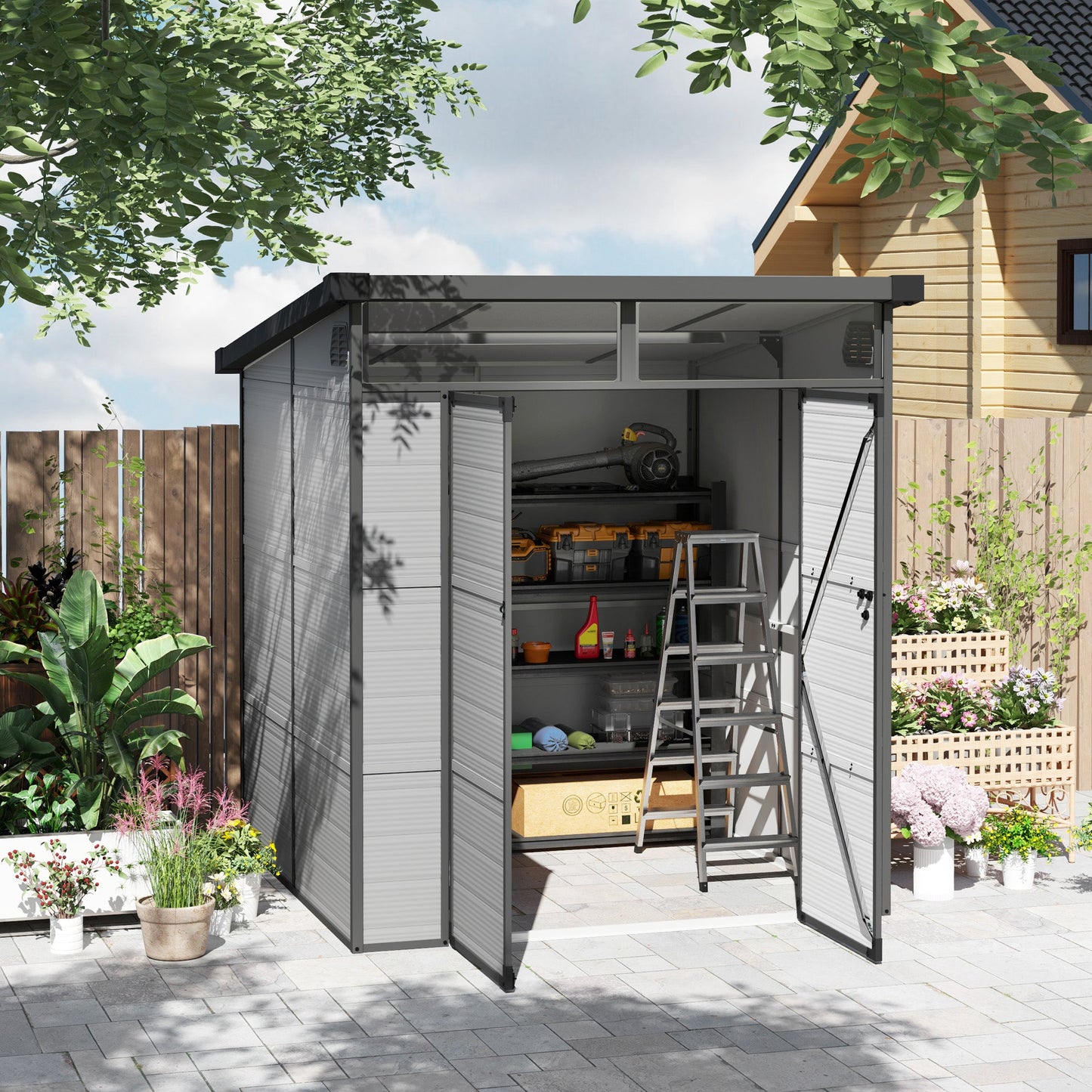 Outsunny 6 x 6ft Plastic Garden Shed with Windows and Air Vents - Hot Tub Shop