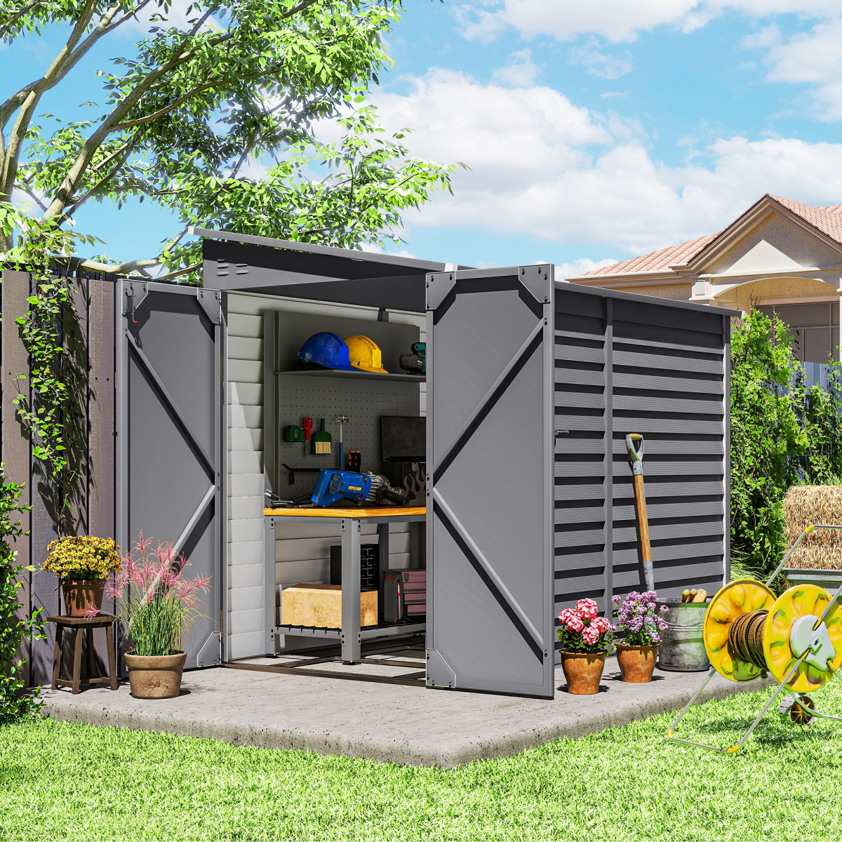 Outsunny 5 x 9ft Galvanised Metal Garden Shed with Foundation Kit, Brown