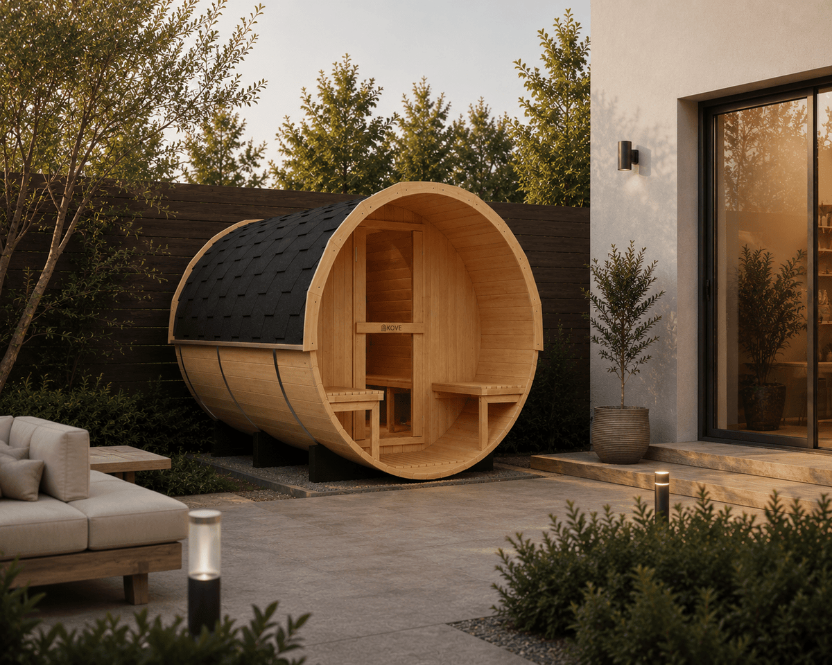 KOVE Outdoor Barrel Sauna – 4–6 Person Garden Sauna with 6kW Harvia Electric Heater