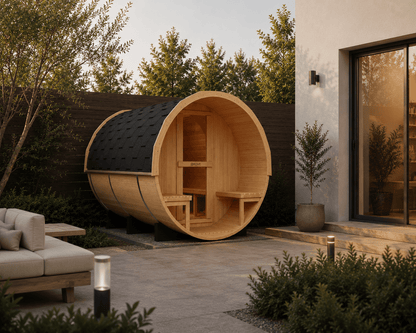 KOVE Outdoor Barrel Sauna – 4–6 Person Garden Sauna with 6kW Harvia Electric Heater