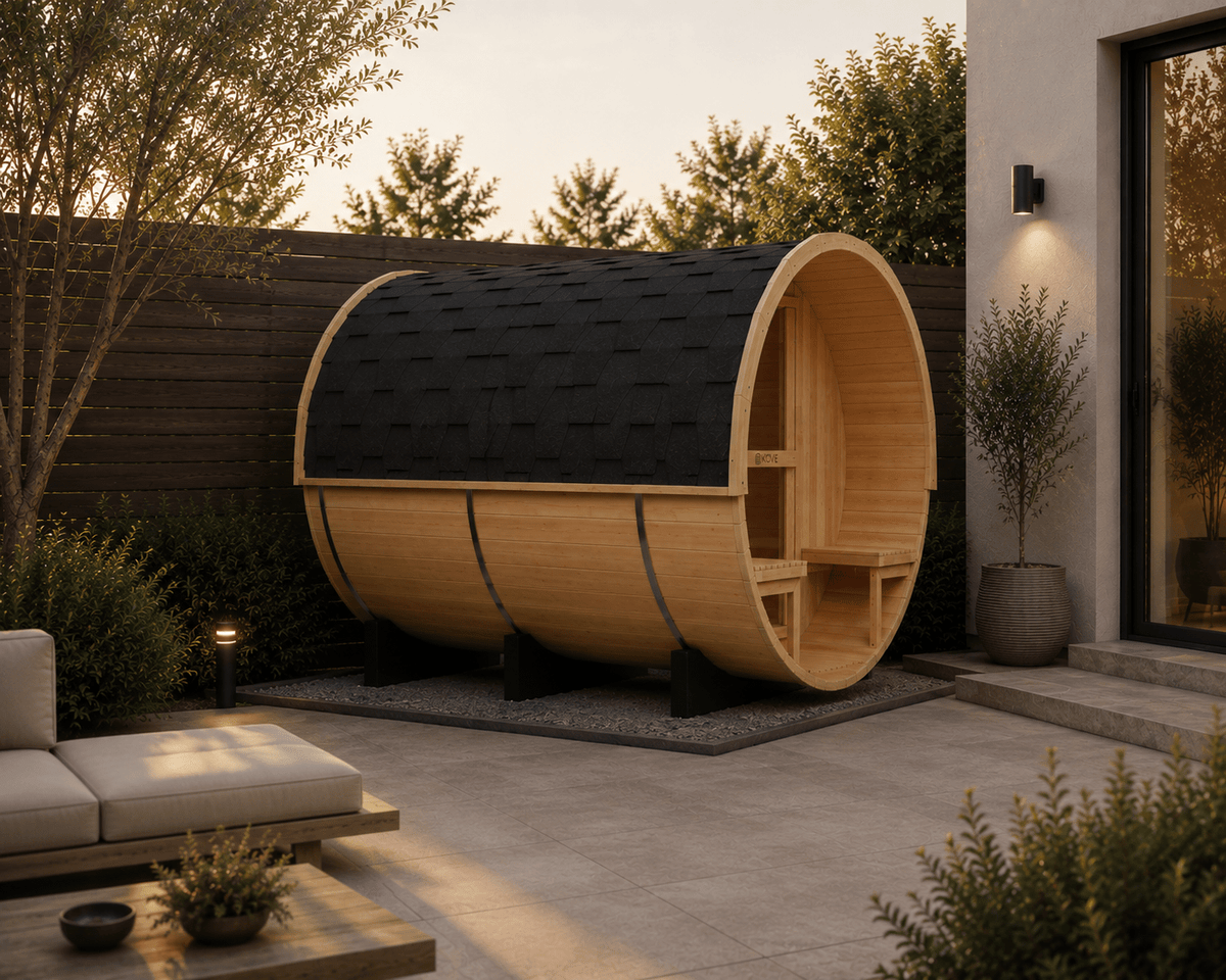 KOVE Outdoor Barrel Sauna – 4–6 Person Garden Sauna with 6kW Harvia Electric Heater