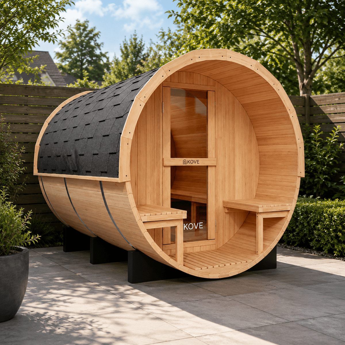 KOVE Outdoor Barrel Sauna – 4–6 Person Garden Sauna with 6kW Harvia Electric Heater