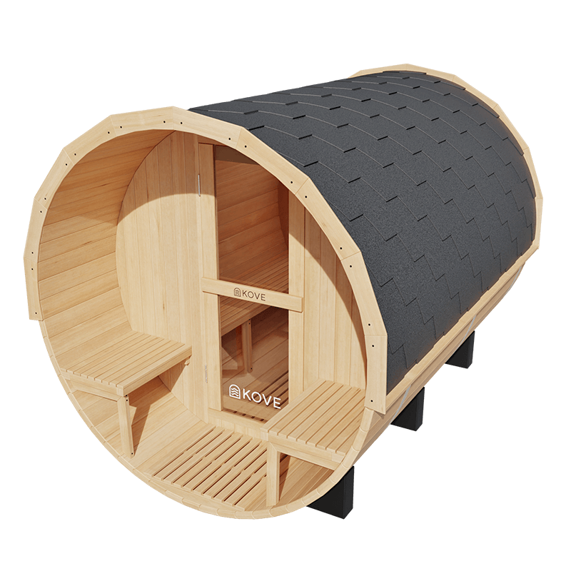 KOVE Outdoor Barrel Sauna – 4–6 Person Garden Sauna with 6kW Harvia Electric Heater