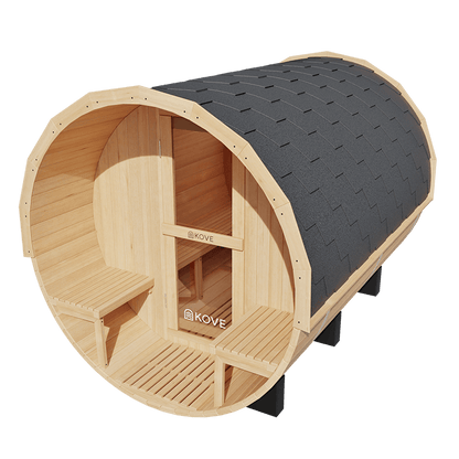 KOVE Outdoor Barrel Sauna – 4–6 Person Garden Sauna with 6kW Harvia Electric Heater
