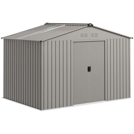 Outsunny 9 x 6FT Galvanised Garden Storage Shed with Sliding Door, Grey - Hot Tub Shop