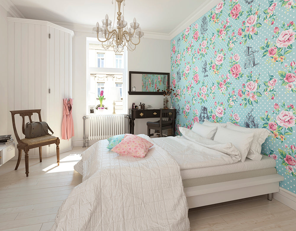 Origin Murals Alice In Wonderland English Rose Print Blue 350cm X 280cm