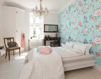 Origin Murals Alice In Wonderland English Rose Print Blue 350cm X 280cm