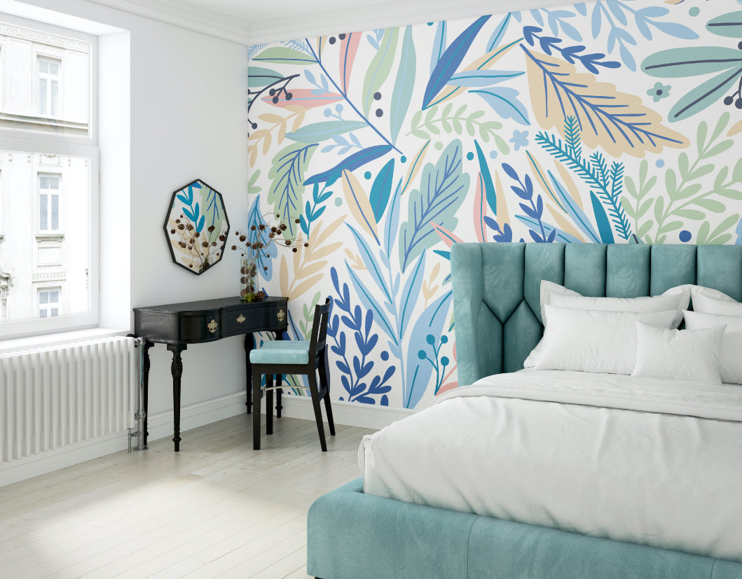 Origin Murals Patterned Leaves Washed Denim 350cm X 280cm