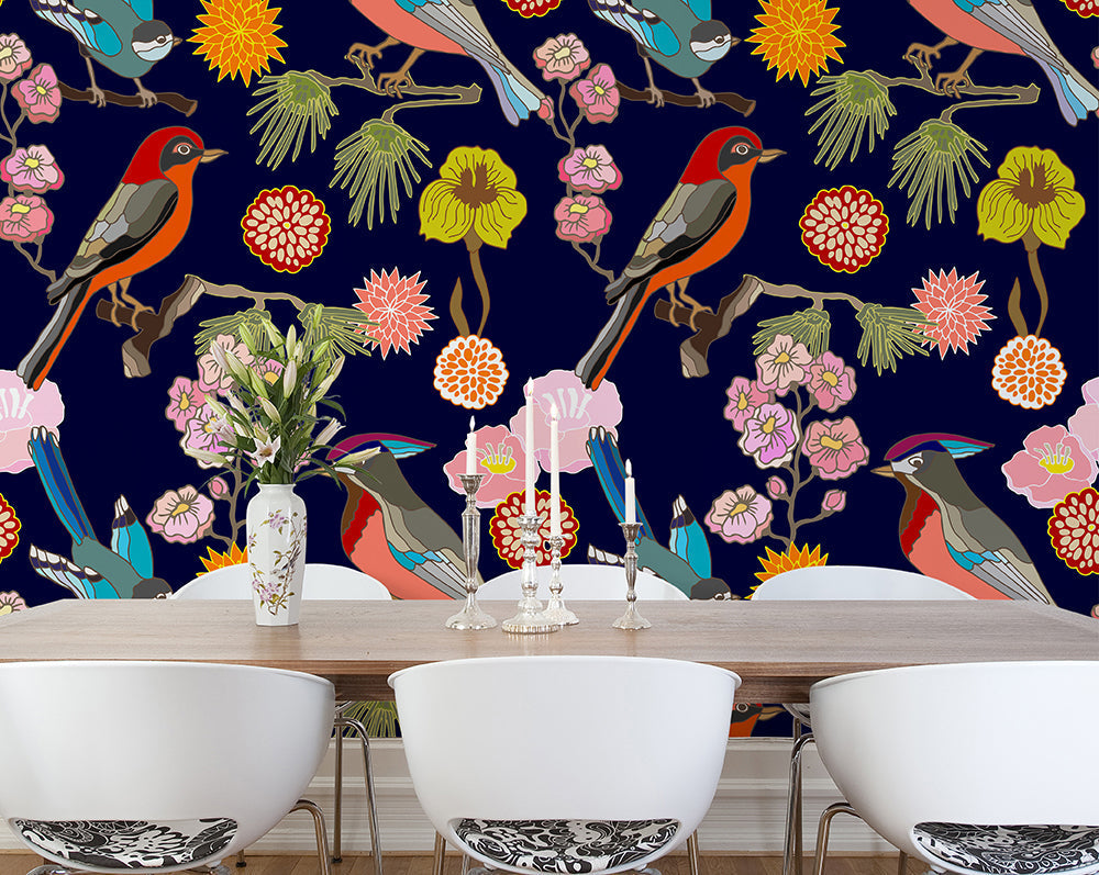 Origin Murals Floral Birds Ink 350cm X 280cm