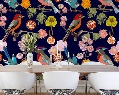 Origin Murals Floral Birds Ink 350cm X 280cm