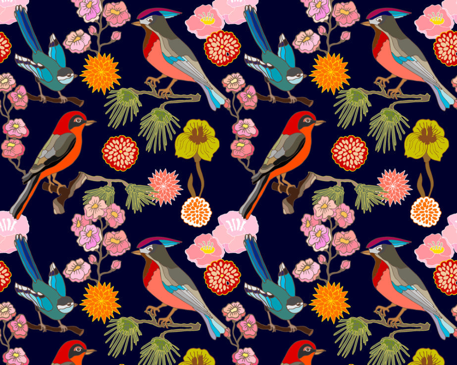 Origin Murals Floral Birds Ink 350cm X 280cm