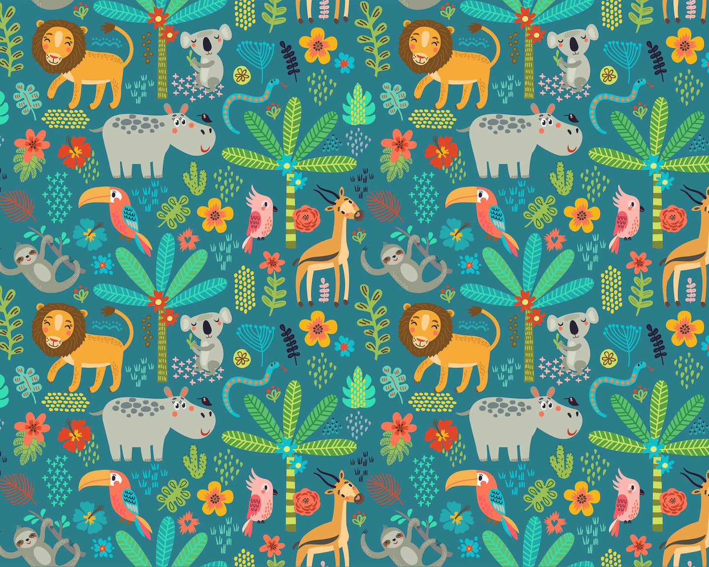 Origin Murals Jungle Animals Teal 350cm X 280cm