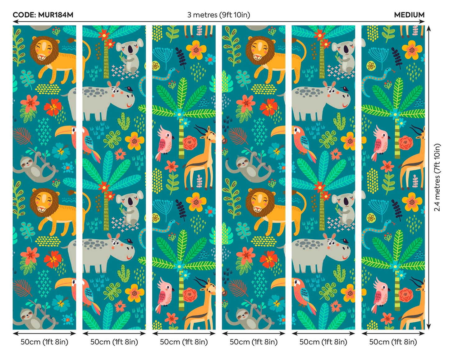 Origin Murals Jungle Animals Teal 300cm X 240cm