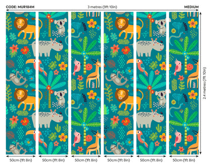 Origin Murals Jungle Animals Teal 300cm X 240cm