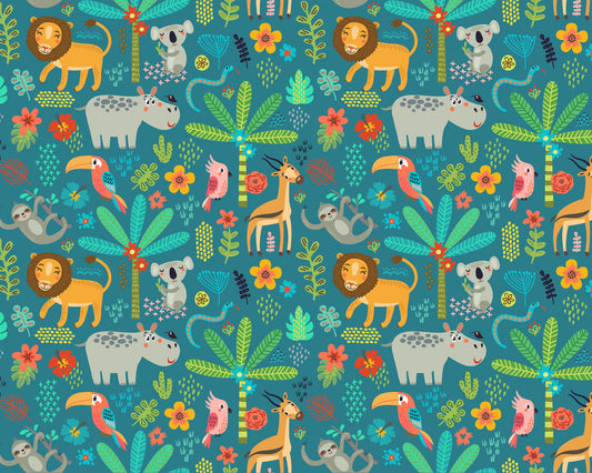 Origin Murals Jungle Animals Teal 300cm X 240cm