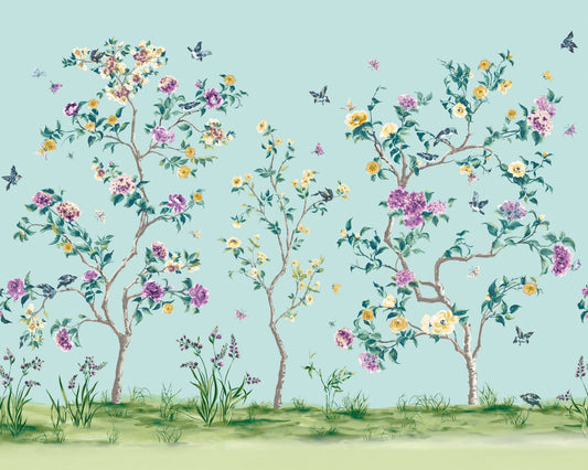Origin Murals Oriental Flower Tree Blue 350cm X 280cm