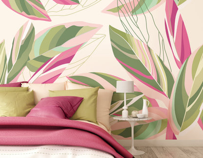 Origin Murals Botanical Calathea Leaves Pink 350cm X 280cm - Hot Tub Shop