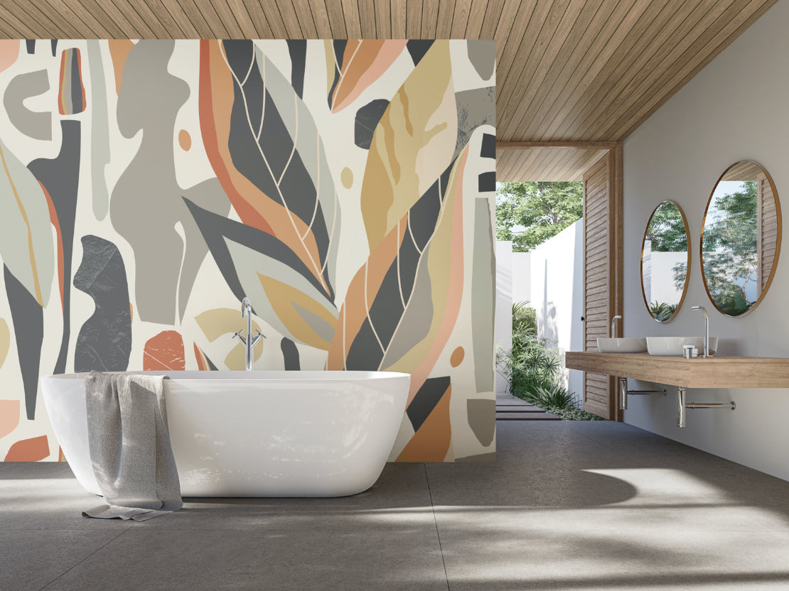 Origin Murals Abstract Leaf Shapes Grey 350cm X 280cm