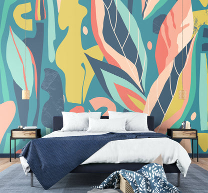 Origin Murals Abstract Leaf Shapes Blue 300cm X 240cm