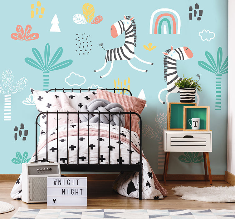 Origin Murals Dancing Zebras Blue 350cm X 280cm - Hot Tub Shop