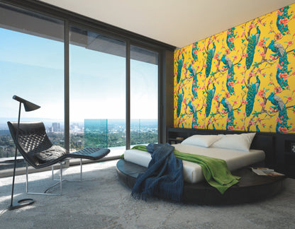 Origin Murals Flowery Peacocks Yellow 350cm X 280cm